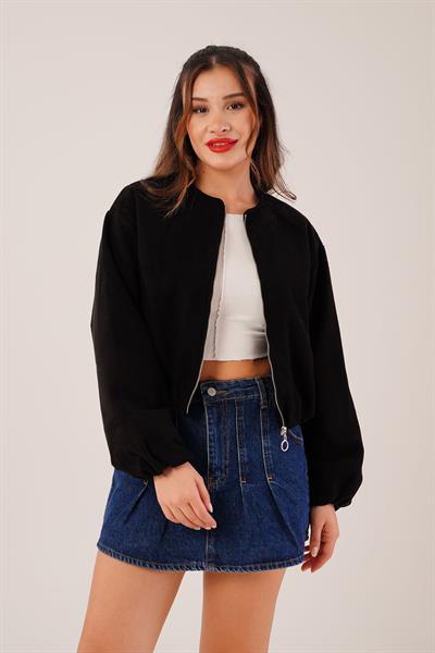 Bisiklet Yaka Fermuarlı Siyah Bomber Ceket