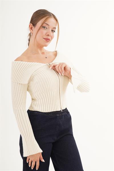 Fermuarlı Kısa Model Maddona Bej Triko Bluz