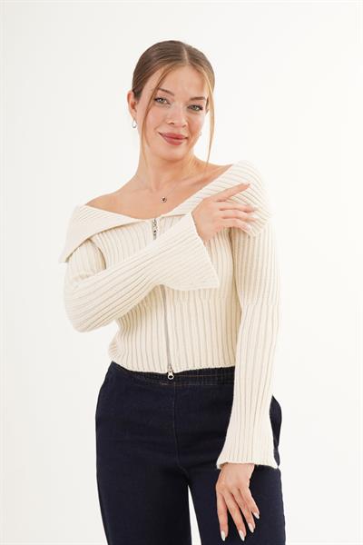 Fermuarlı Kısa Model Maddona Bej Triko Bluz