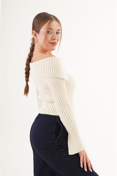 Fermuarlı Kısa Model Maddona Bej Triko Bluz