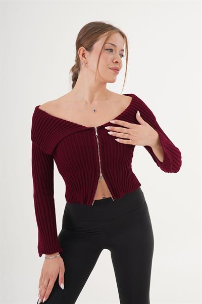 Fermuarlı Kısa Model Maddona Bordo Triko Bluz