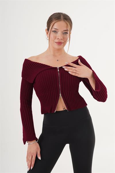 Fermuarlı Kısa Model Maddona Bordo Triko Bluz