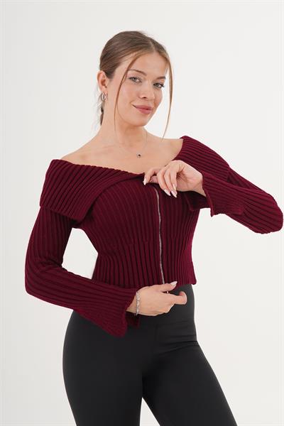 Fermuarlı Kısa Model Maddona Bordo Triko Bluz
