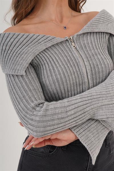 Fermuarlı Kısa Model Maddona Gri Triko Bluz