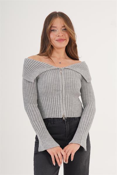 Fermuarlı Kısa Model Maddona Gri Triko Bluz