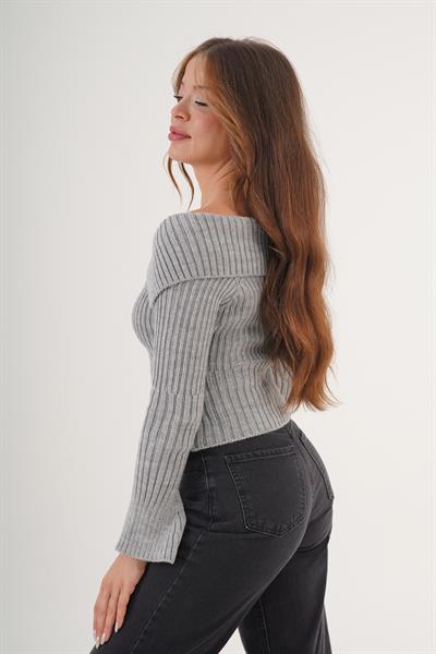 Fermuarlı Kısa Model Maddona Gri Triko Bluz