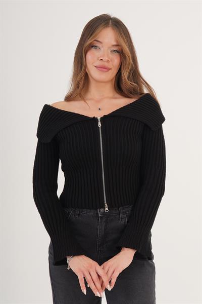 Fermuarlı Kısa Model Maddona Siyah Triko Bluz