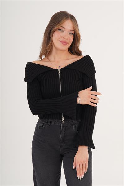 Fermuarlı Kısa Model Maddona Siyah Triko Bluz