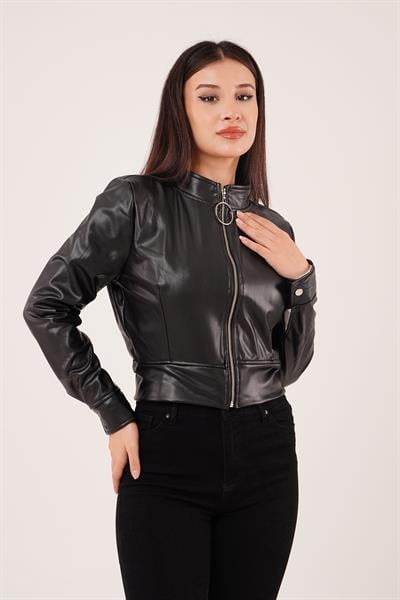 Fermuarlı Kısa Model Siyah Suni Deri Ceket