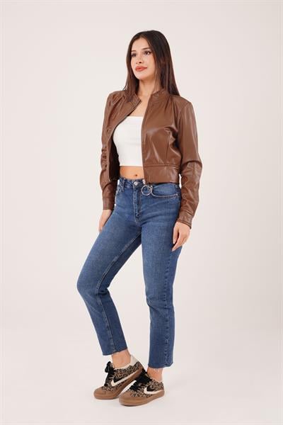 Fermuarlı Kısa Model Taba Suni Deri Ceket