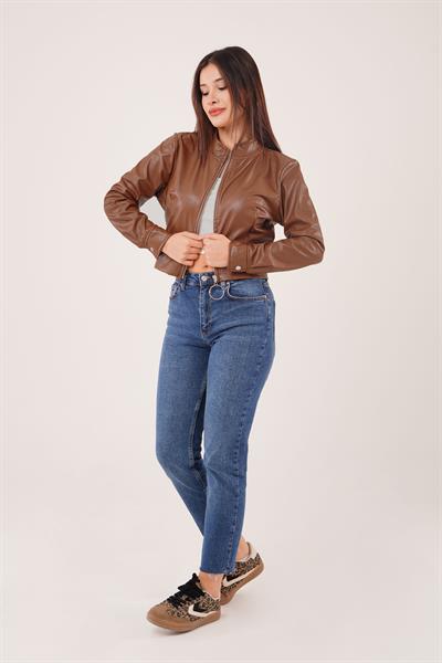 Fermuarlı Kısa Model Taba Suni Deri Ceket