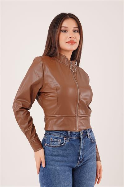 Fermuarlı Kısa Model Taba Suni Deri Ceket