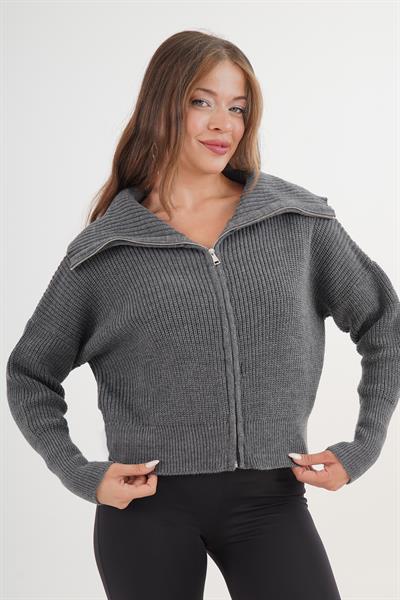 Fermuarlı Yaka Geniş Kesim Antrasit Triko Hırka