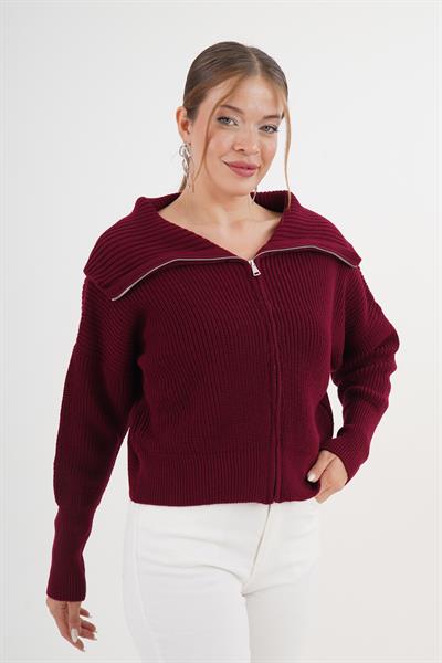 Fermuarlı Yaka Geniş Kesim Bordo Triko Hırka