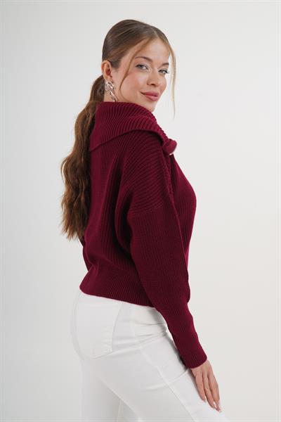 Fermuarlı Yaka Geniş Kesim Bordo Triko Hırka