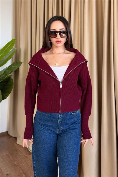 Fermuarlı Yaka Geniş Kesim Bordo Triko Hırka
