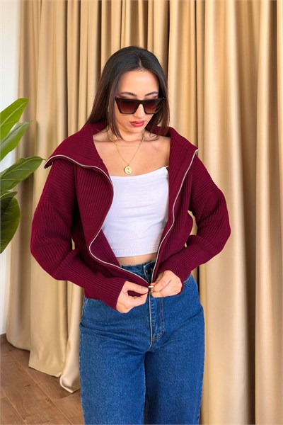 Fermuarlı Yaka Geniş Kesim Bordo Triko Hırka