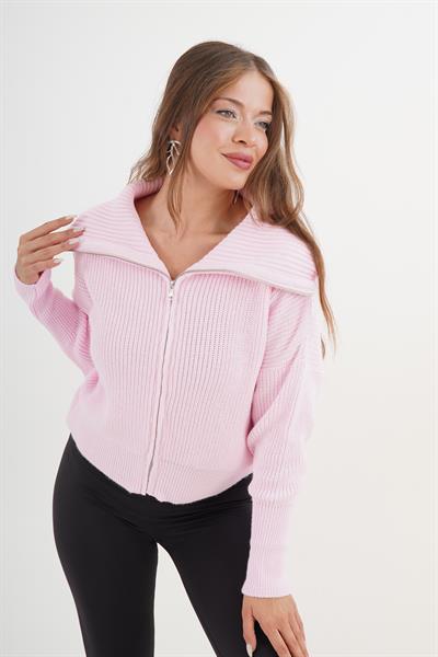 Fermuarlı Yaka Geniş Kesim Pembe Triko Hırka
