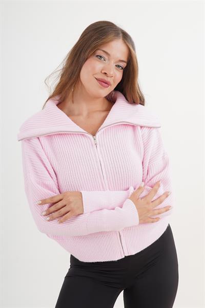 Fermuarlı Yaka Geniş Kesim Pembe Triko Hırka