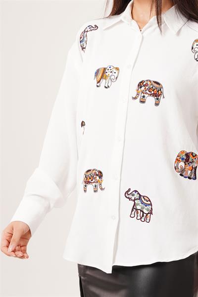 Fil nakışlı Salaş Beyaz Gömlek