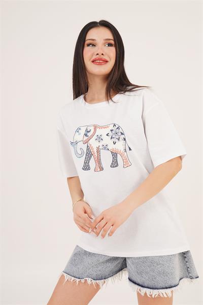 Fil Desenli Taş İşlemeli Beyaz Tişört