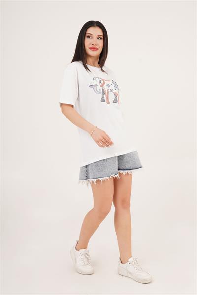 Fil Desenli Taş İşlemeli Beyaz Tişört