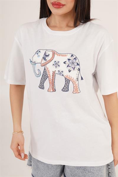 Fil Desenli Taş İşlemeli Beyaz Tişört
