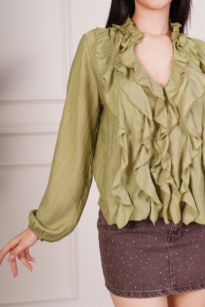 Fırfır Detaylı Uzun Kol Haki Bluz