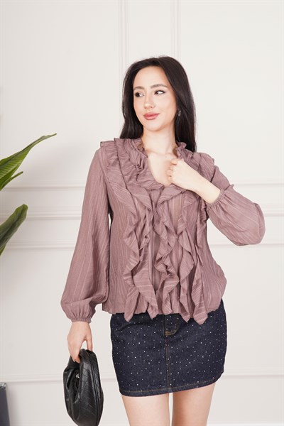 Fırfır Detaylı Uzun Kol Kahve Bluz