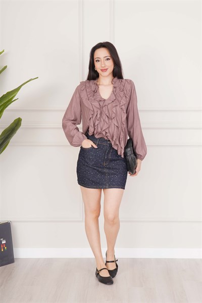 Fırfır Detaylı Uzun Kol Kahve Bluz