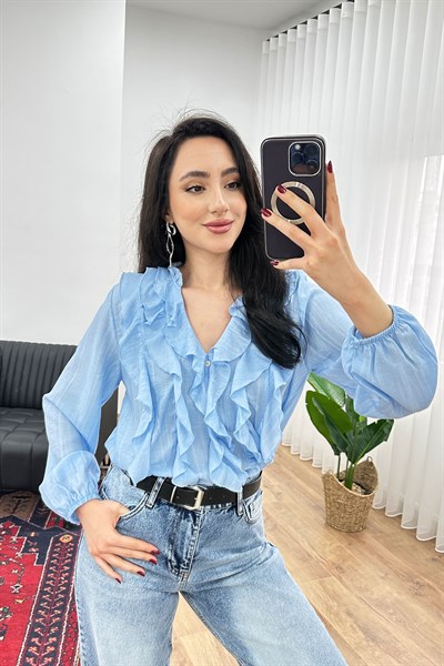 Fırfır Detaylı Uzun Kol Mavi Bluz