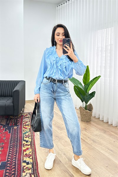 Fırfır Detaylı Uzun Kol Mavi Bluz