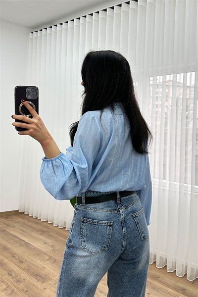 Fırfır Detaylı Uzun Kol Mavi Bluz