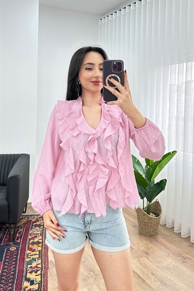 Fırfır Detaylı Uzun Kol Pembe Bluz