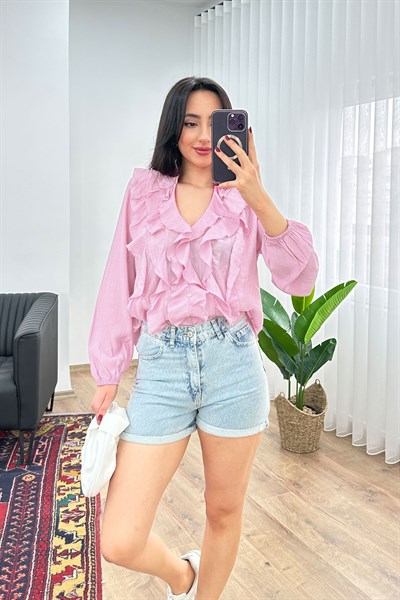 Fırfır Detaylı Uzun Kol Pembe Bluz