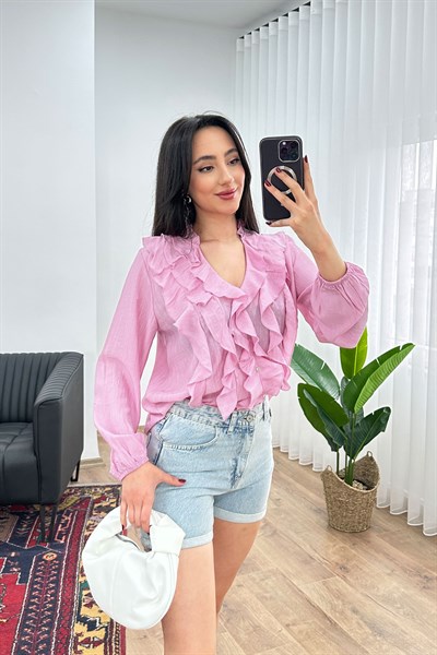Fırfır Detaylı Uzun Kol Pembe Bluz