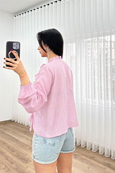 Fırfır Detaylı Uzun Kol Pembe Bluz