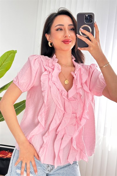 Fırfırlı Detaylı Kısa Kol Pembe Bluz