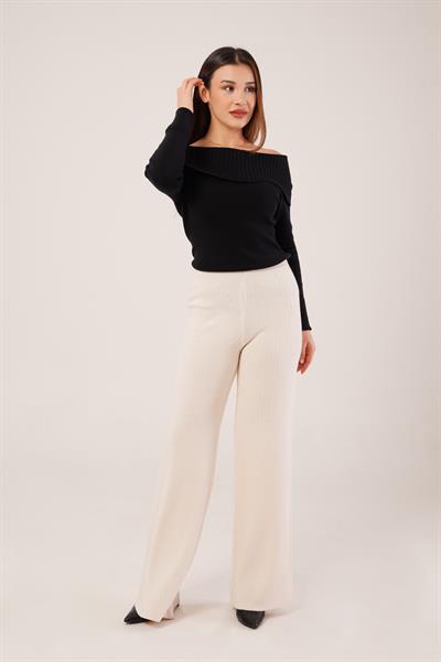 Fitilli Bel Lastikli Bol Paça Bej Triko Pantolon