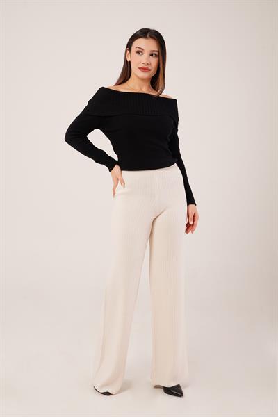 Fitilli Bel Lastikli Bol Paça Bej Triko Pantolon
