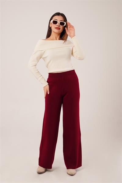 Fitilli Bel Lastikli Bol Paça Bordo Triko Pantolon
