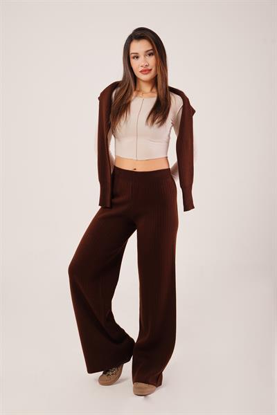Fitilli Bel Lastikli Bol Paça Kahve Triko Pantolon