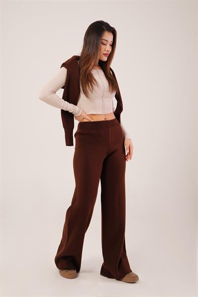 Fitilli Bel Lastikli Bol Paça Kahve Triko Pantolon
