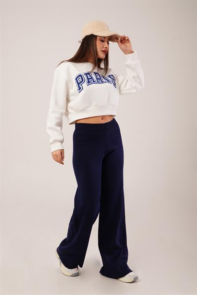 Fitilli Bel Lastikli Bol Paça Lacivert Triko Pantolon