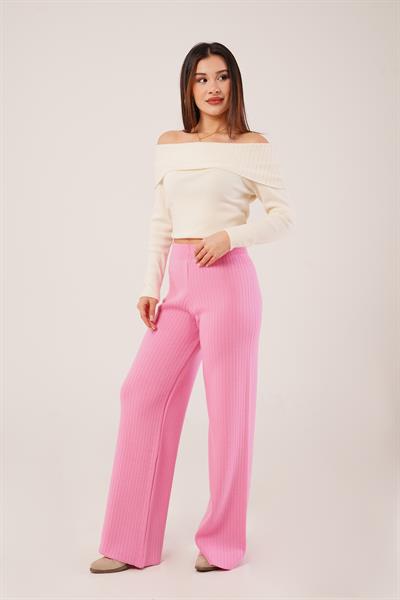 Fitilli Bel Lastikli Bol Paça Pembe Triko Pantolon