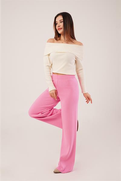 Fitilli Bel Lastikli Bol Paça Pembe Triko Pantolon