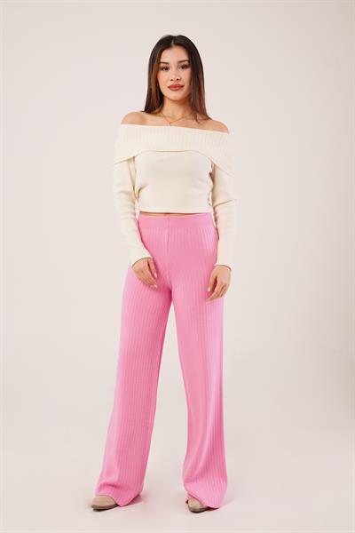 Fitilli Bel Lastikli Bol Paça Pembe Triko Pantolon