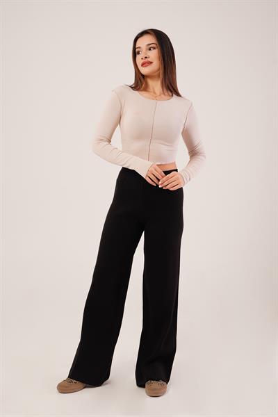 Fitilli Bel Lastikli Bol Paça Siyah Triko Pantolon