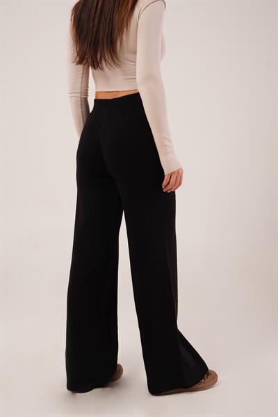 Fitilli Bel Lastikli Bol Paça Siyah Triko Pantolon