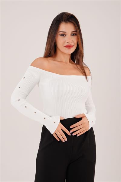 Fitilli Kuş Gözü Detay Beyaz Triko Bluz